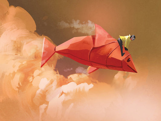 Girl riding on the origami paper red fish in the clouds